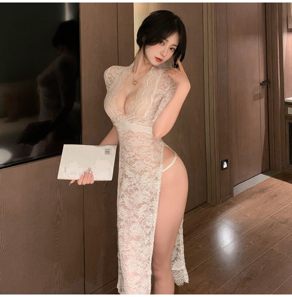 FEE ET MOI - Sheer Lace Deep V Slit Maxi Dress (White)